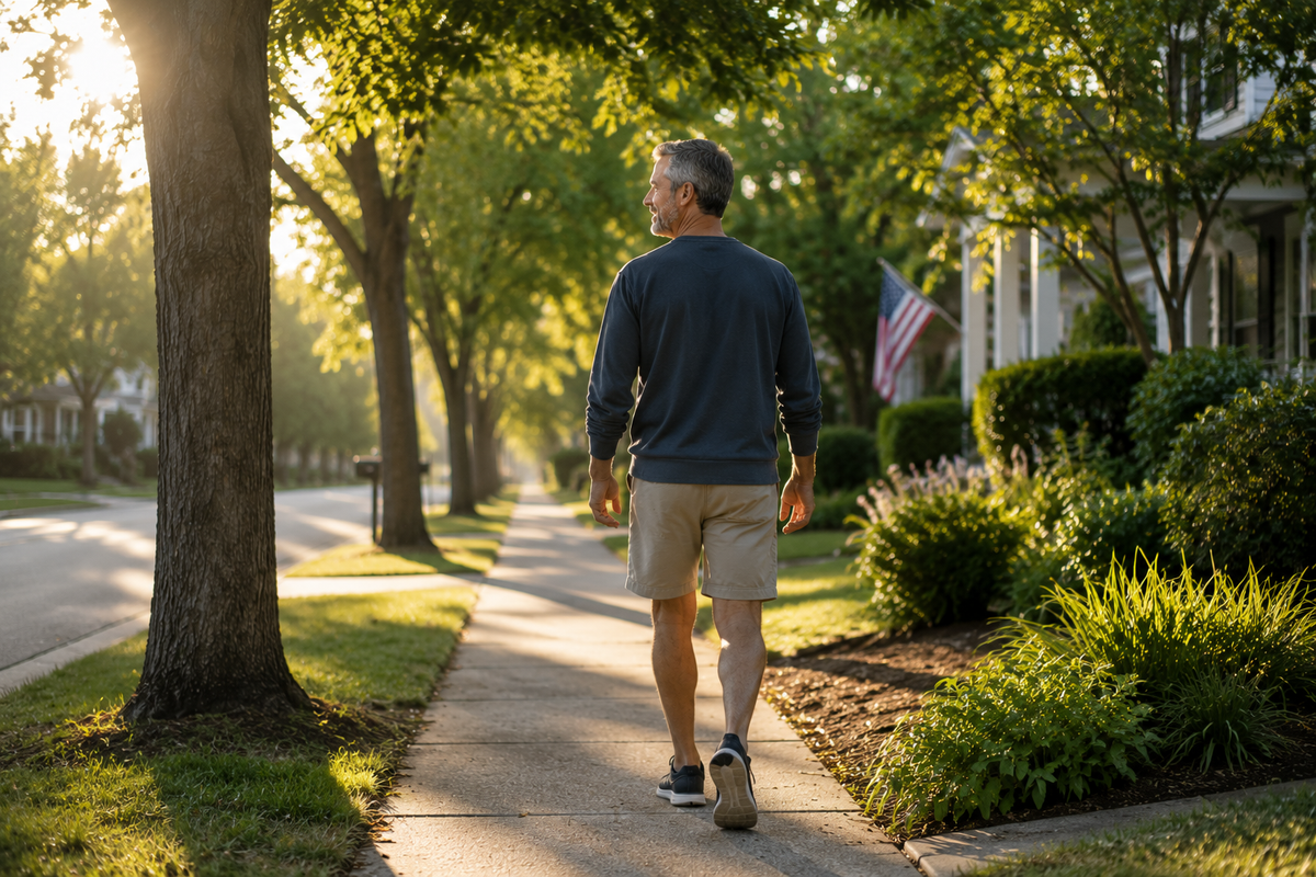 Man walking through a quiet neighborhood on a sunny morning.