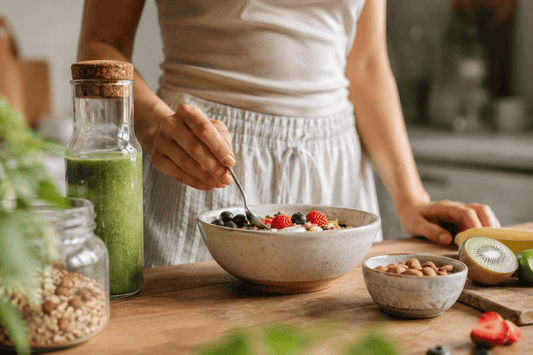 Healthy breakfast with yogurt, fruit, and probiotic-rich foods that support gut health and hormones