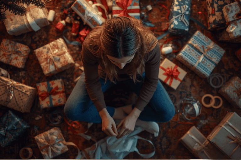 A person wrapping Christmas gifts amid clutter, capturing the stress and overwhelm of holiday season 2025.